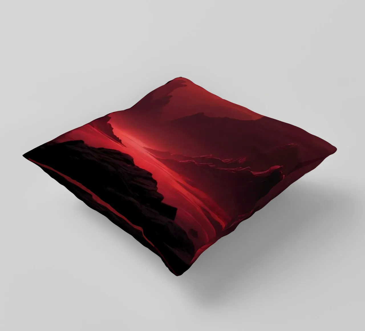 deep red tones background and shadowed mountains decorative cushion by DesignDoodle