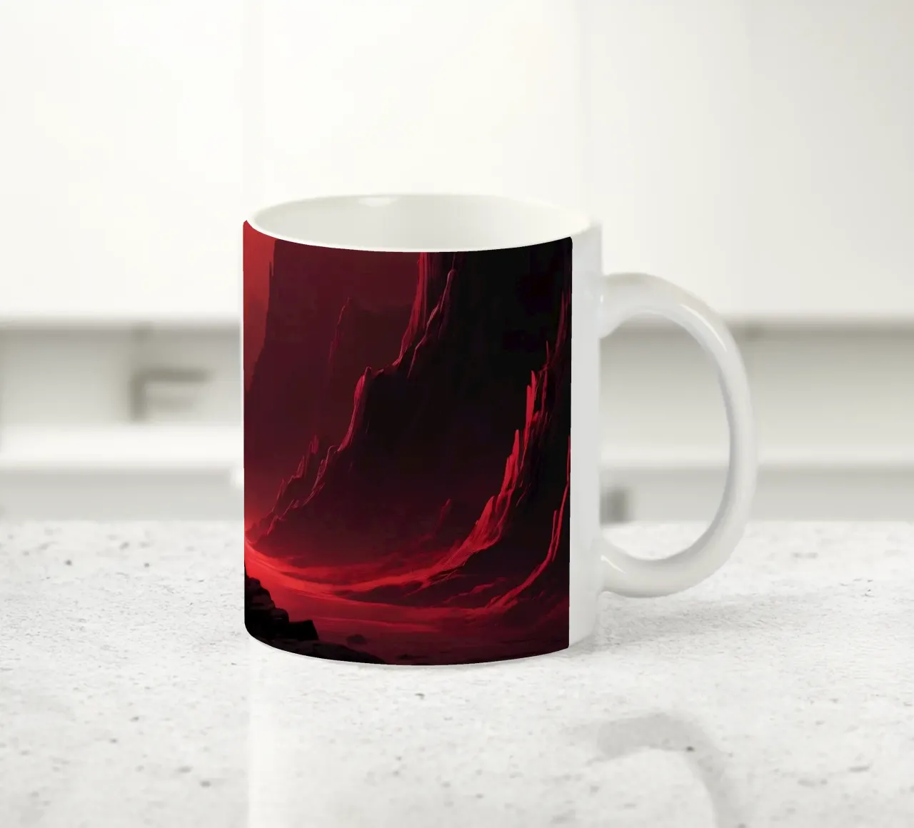 deep red tones background and shadowed mountains ceramic mug by DesignDoodle