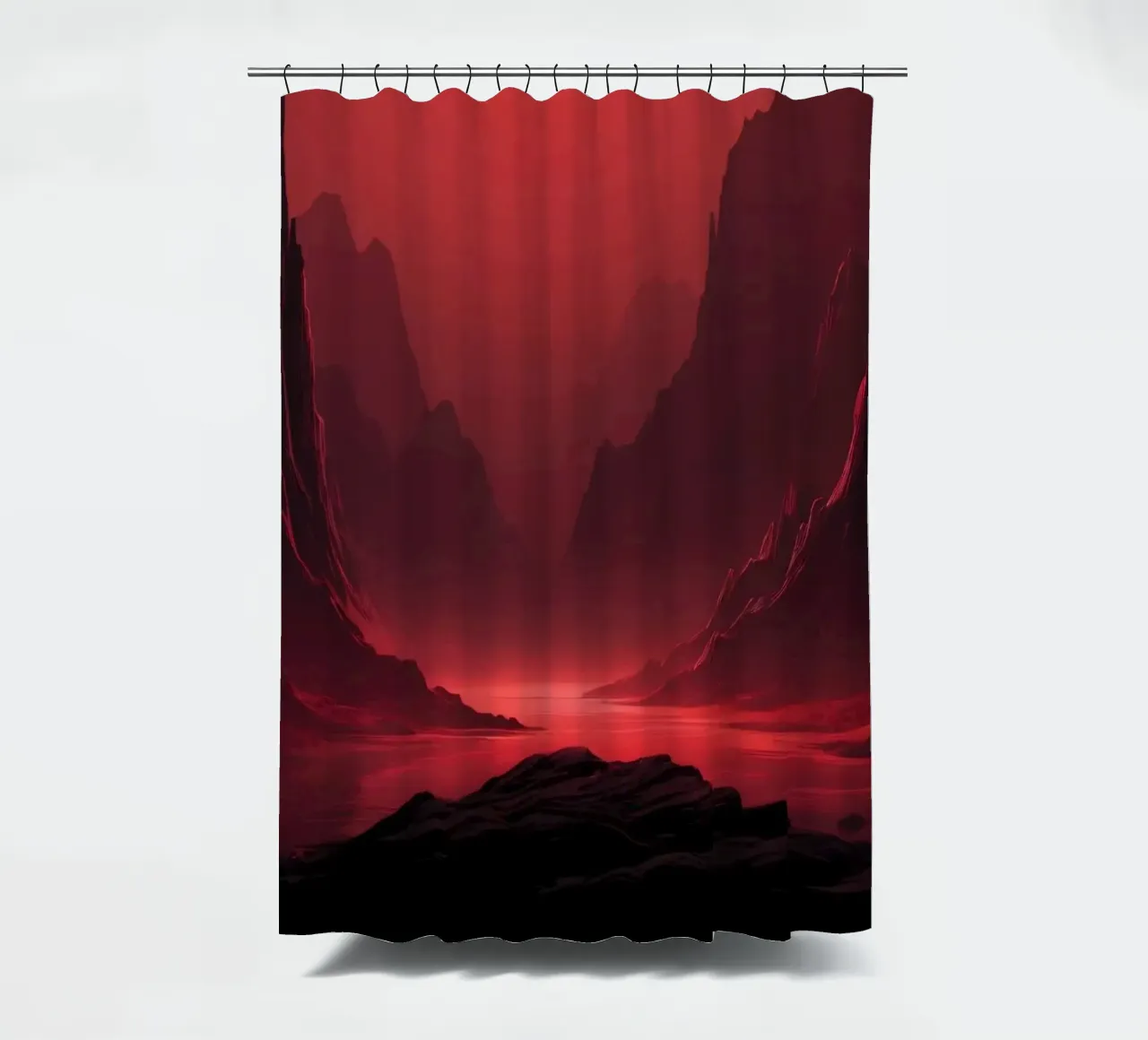 deep red tones background and shadowed mountains shower curtain by DesignDoodle