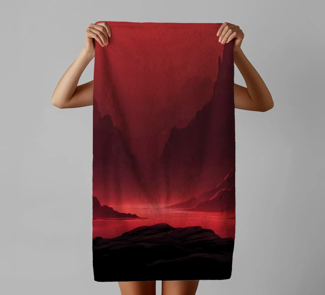deep red tones background and shadowed mountains towel by DesignDoodle