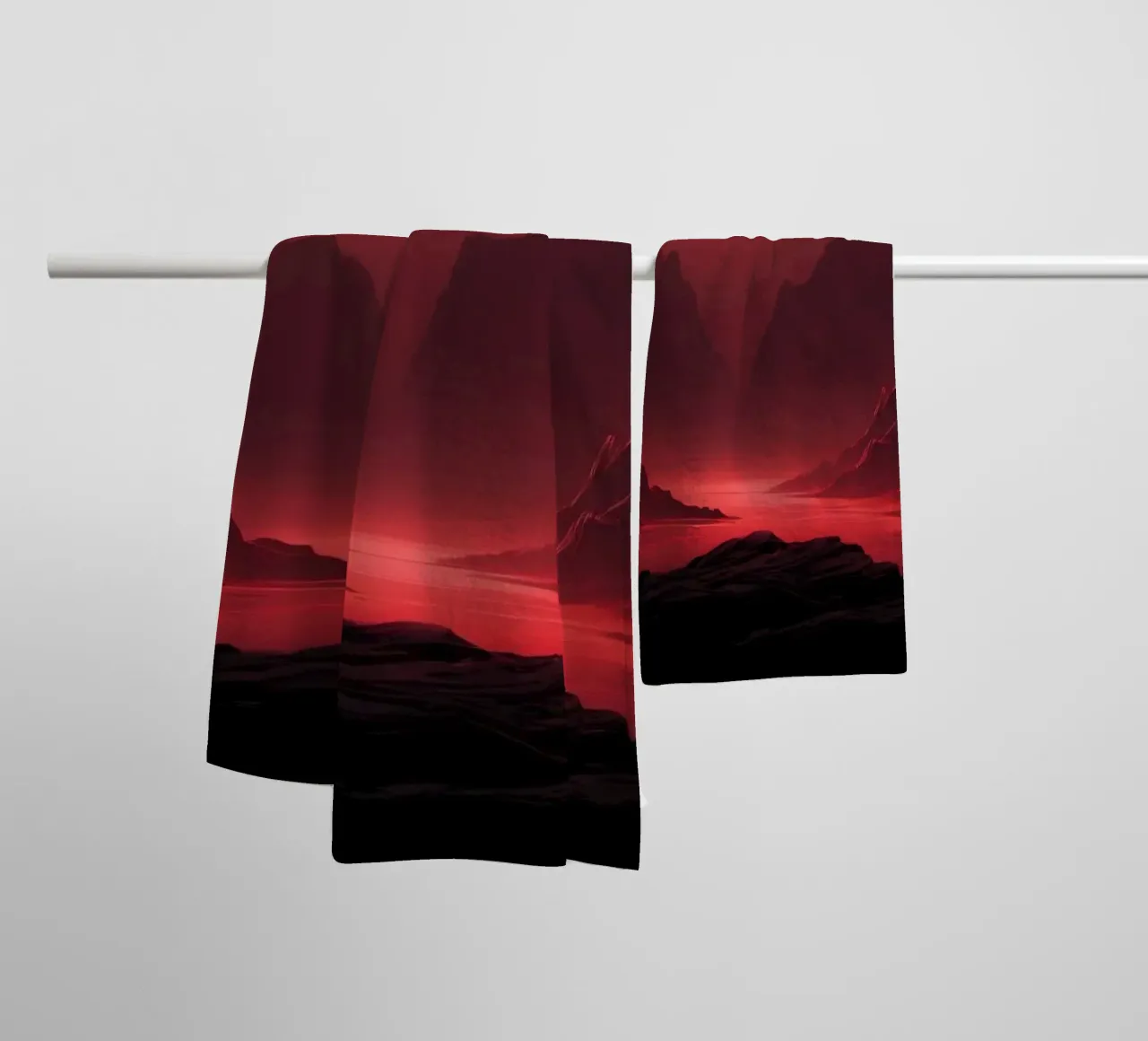 deep red tones background and shadowed mountains towel by DesignDoodle
