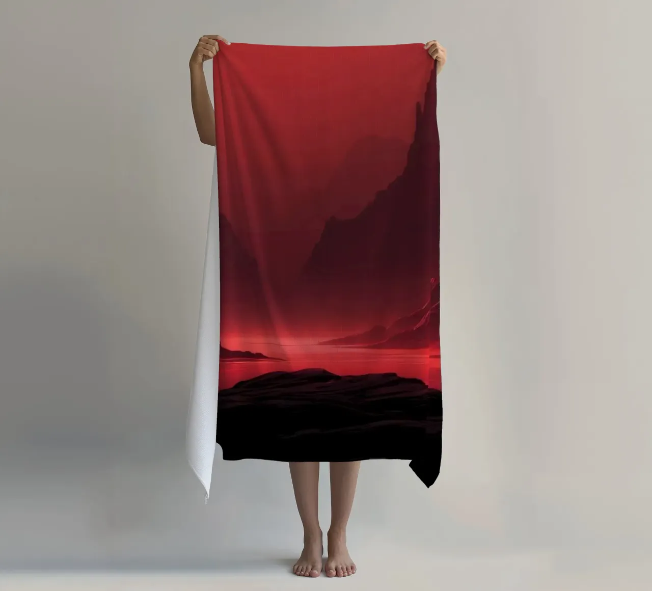 deep red tones background and shadowed mountains beach towel by DesignDoodle