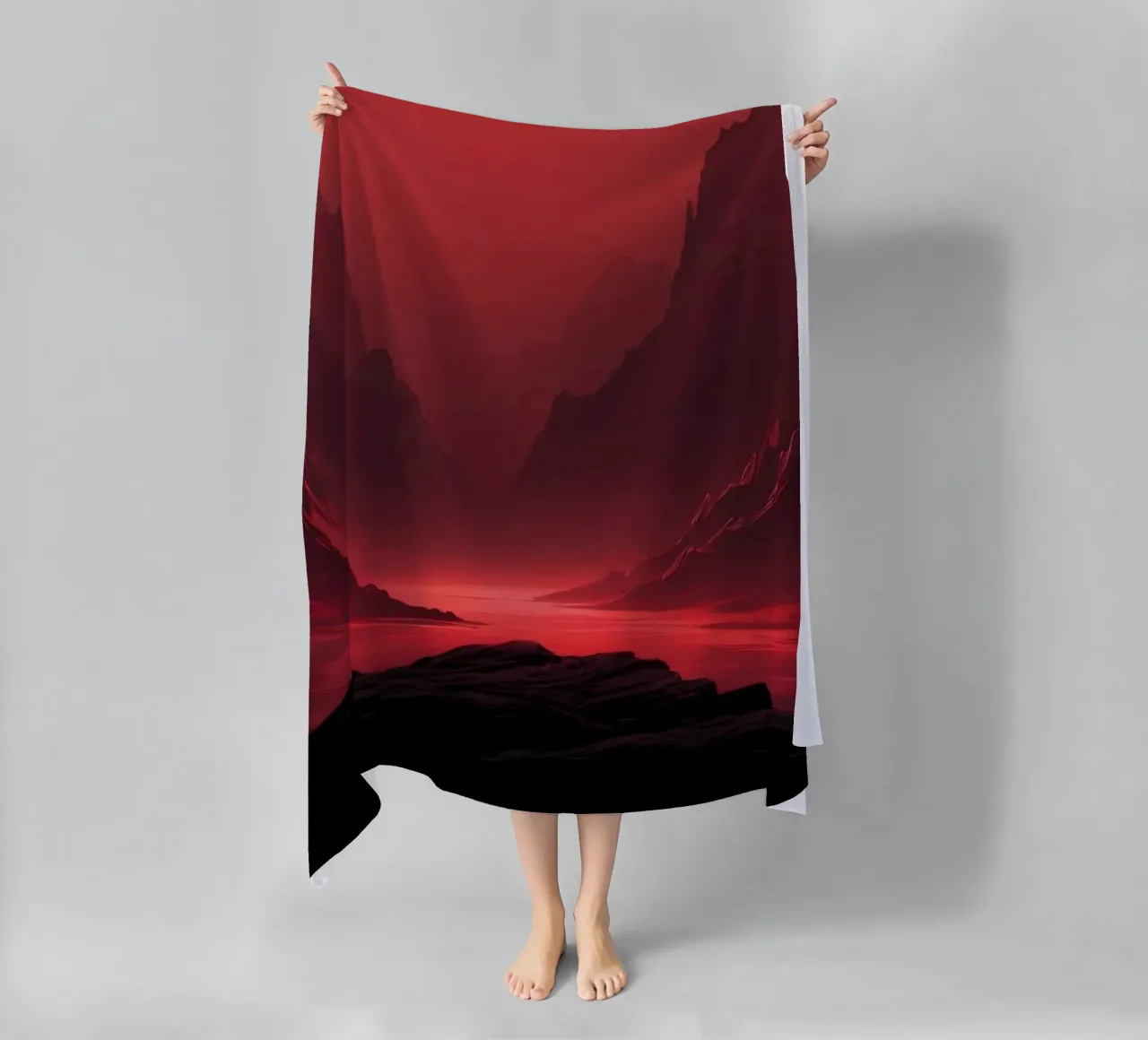deep red tones background and shadowed mountains beach towel by DesignDoodle