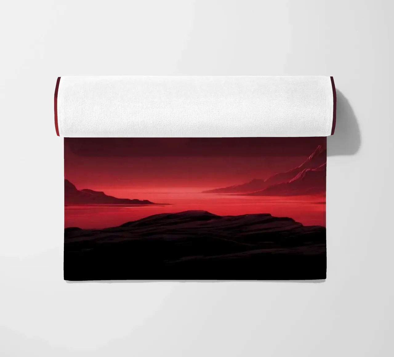 deep red tones background and shadowed mountains beach towel by DesignDoodle