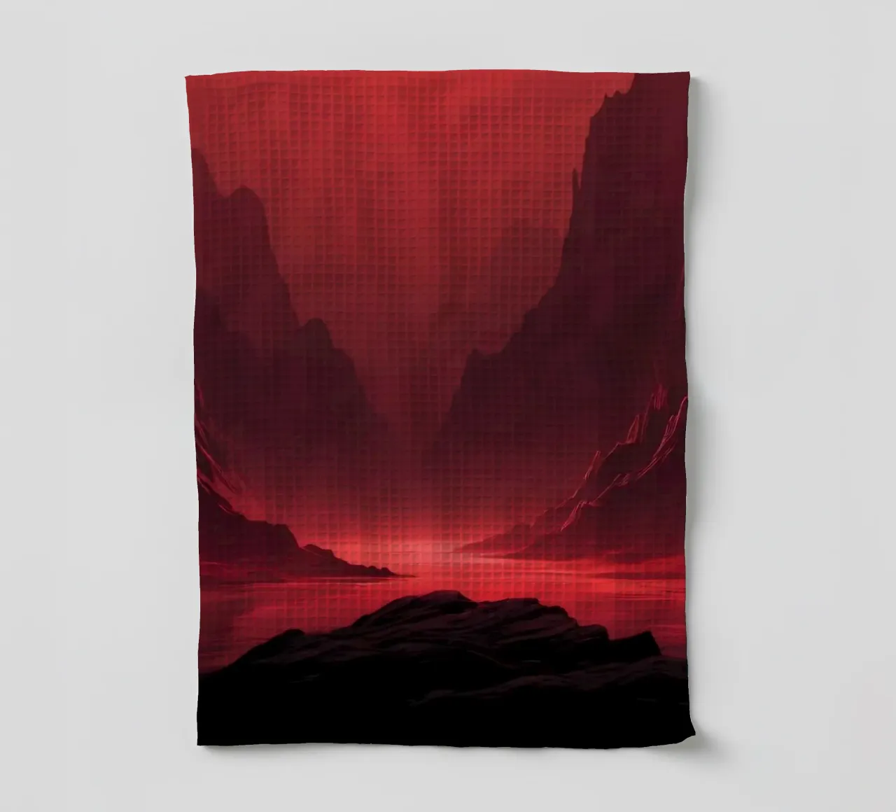 deep red tones background and shadowed mountains tea towel by DesignDoodle