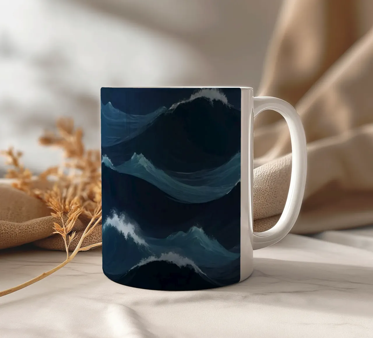 Dynamic blue waves create an abstract background suitable ceramic mug by DesignDoodle