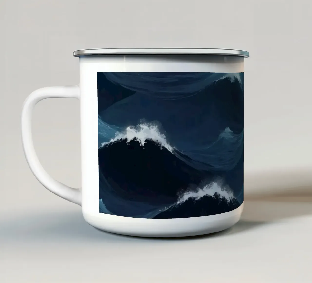 Dynamic blue waves create an abstract background suitable enamel mug by DesignDoodle