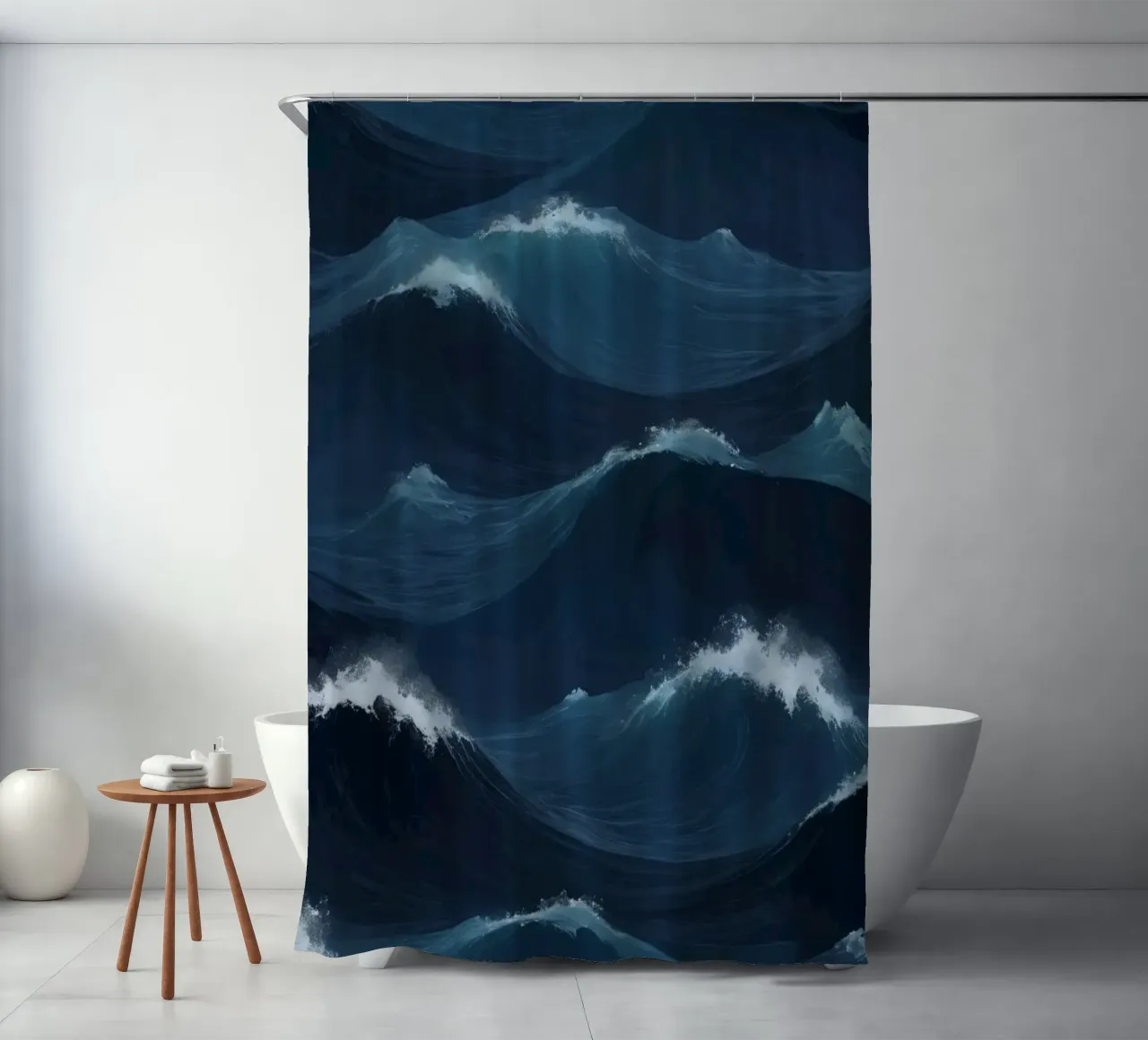 Dynamic blue waves create an abstract background suitable shower curtain by DesignDoodle