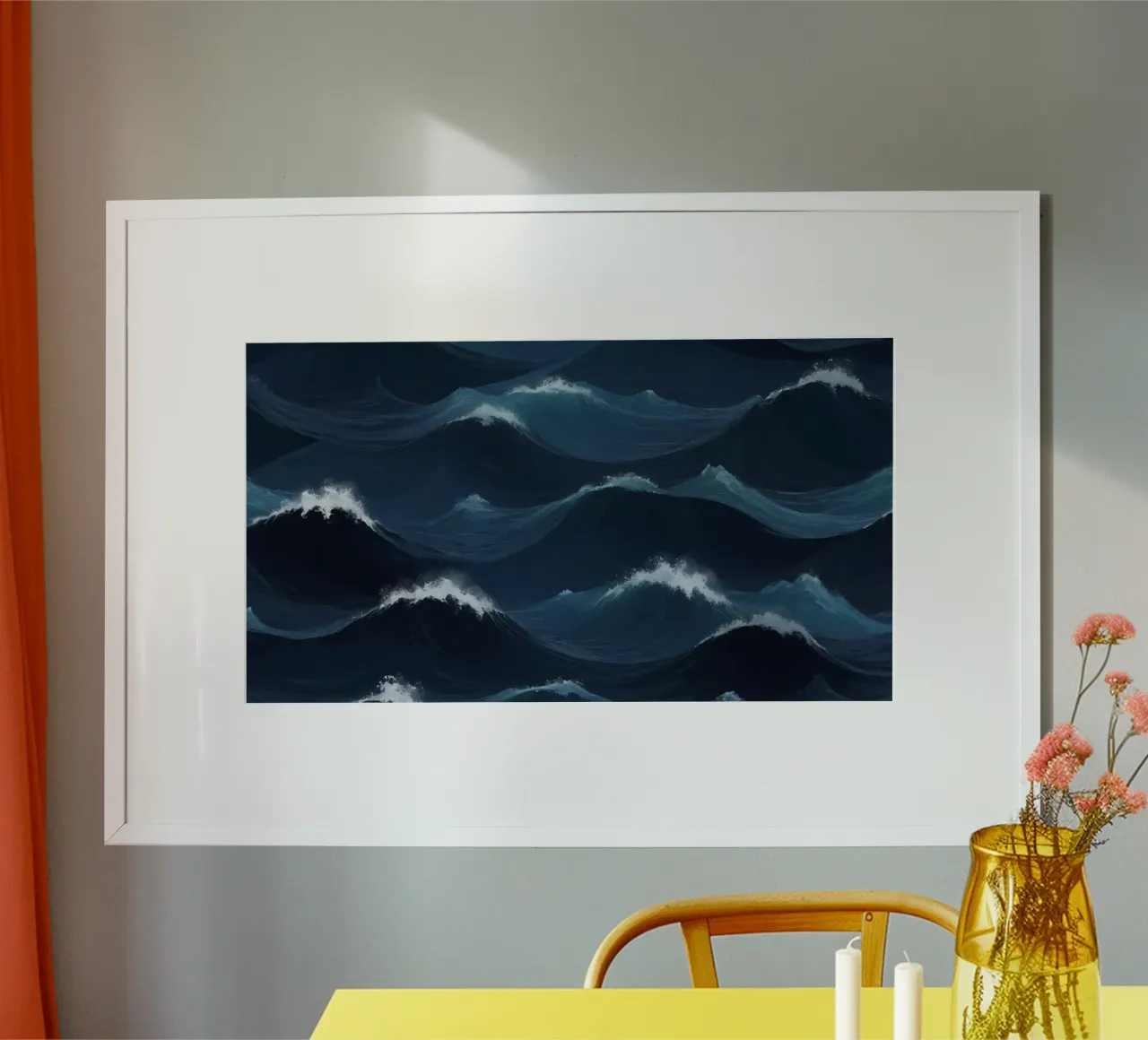 Des vagues bleues dynamiques créent un arrière-plan abstrait adapté poster avec cadre en bois de DesignDoodle