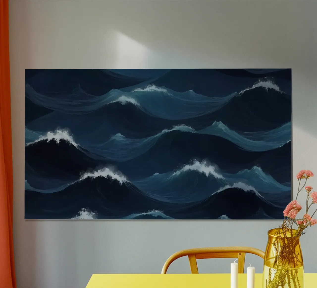 Des vagues bleues dynamiques créent un arrière-plan abstrait adapté poster avec cadre en bois de DesignDoodle