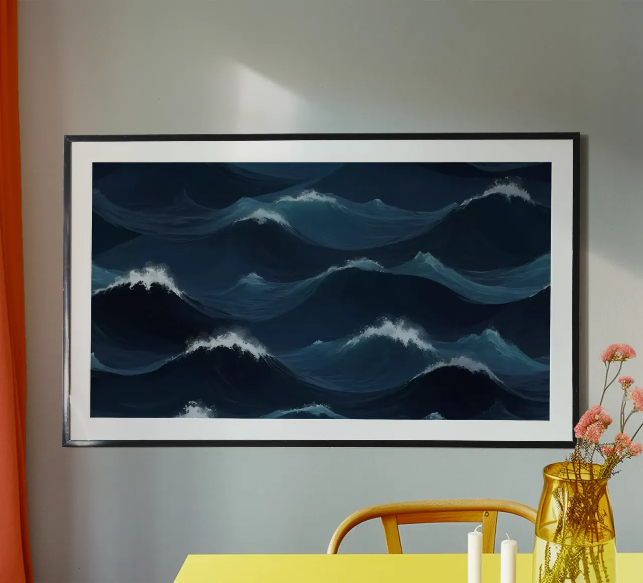 Des vagues bleues dynamiques créent un arrière-plan abstrait adapté poster avec cadre en bois de DesignDoodle