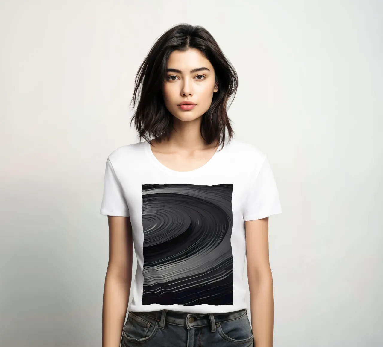 Swirling black abstract background with smooth lines women's fitted t-shirt by DesignDoodle