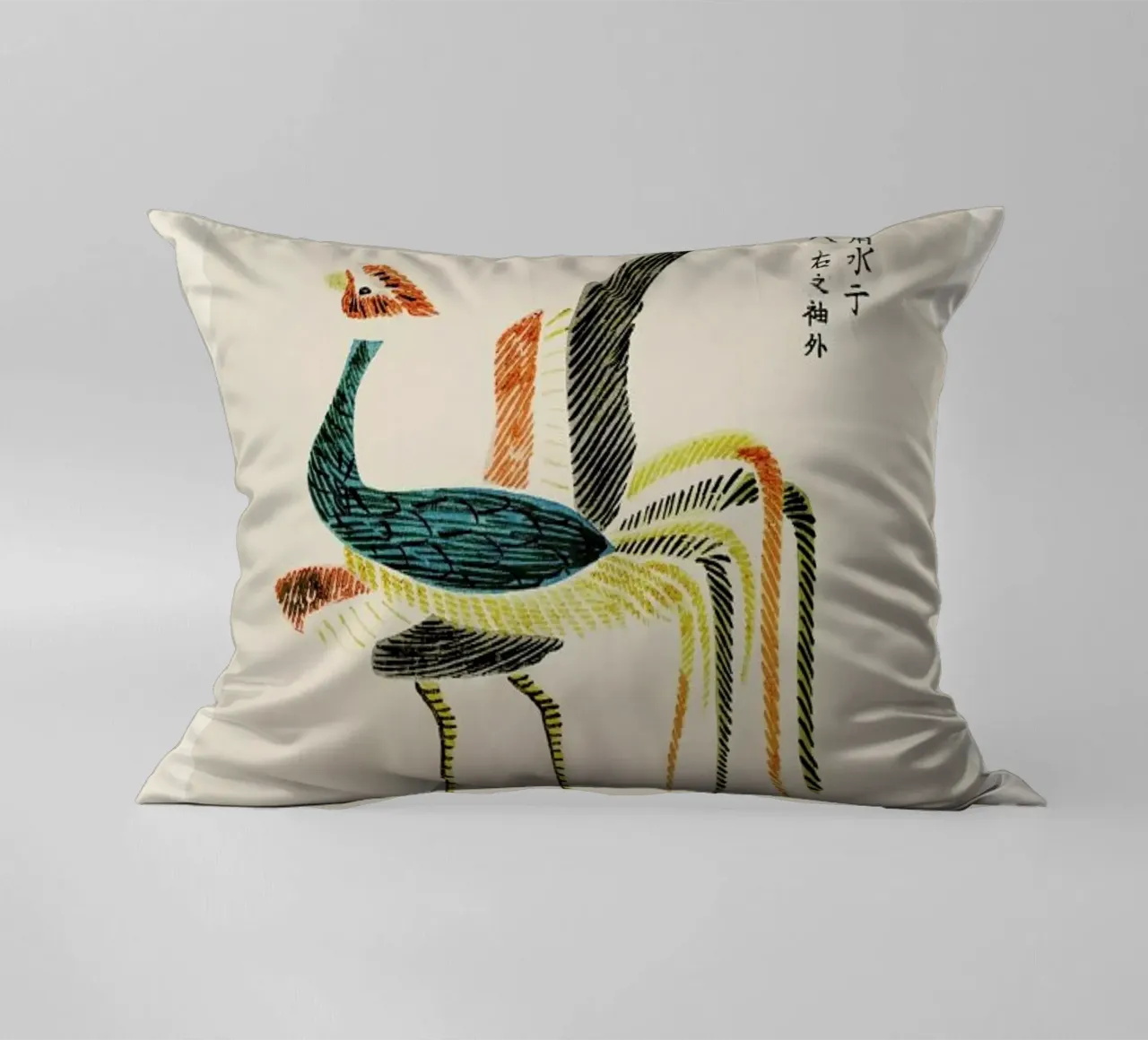 Tomoki - Crane Woodblock Print cuscino da Vintage by JUNIQE