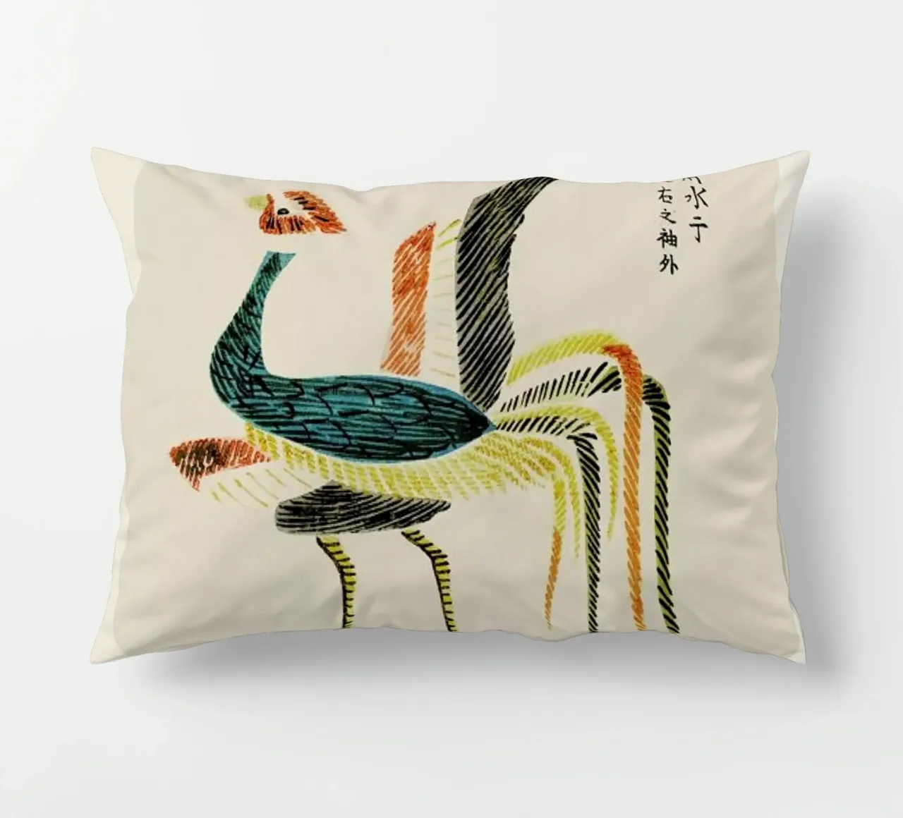 Tomoki - Crane Woodblock Print cuscino da Vintage by JUNIQE