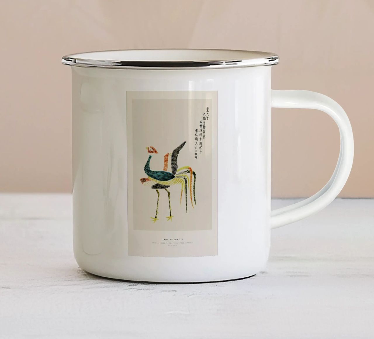 Tomoki - Crane Woodblock Print tazza in smalto da Vintage by JUNIQE