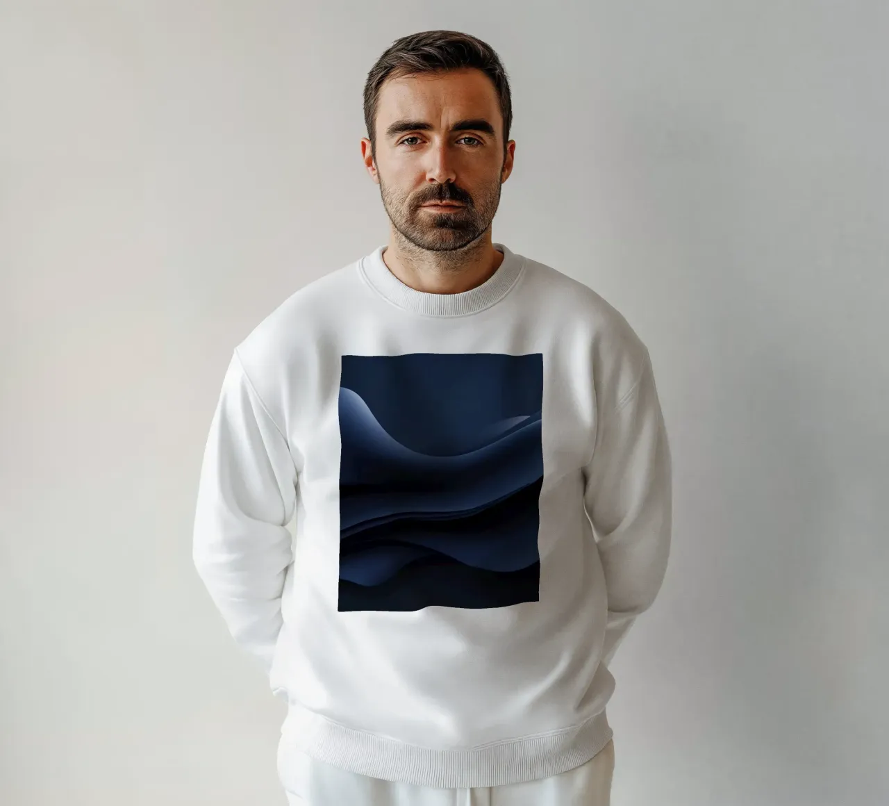 Fluid waves of deep blue create a calm abstract wallpaper sweatshirt by DesignDoodle