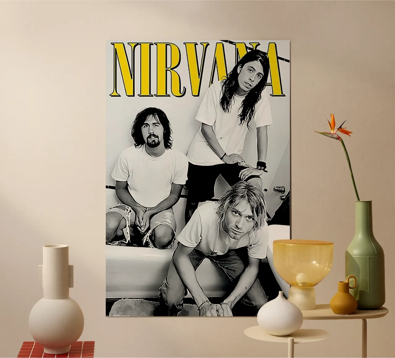 Nirvana - Ritratto iconico della vasca da bagno poster con telaio in plastica da Has Fab