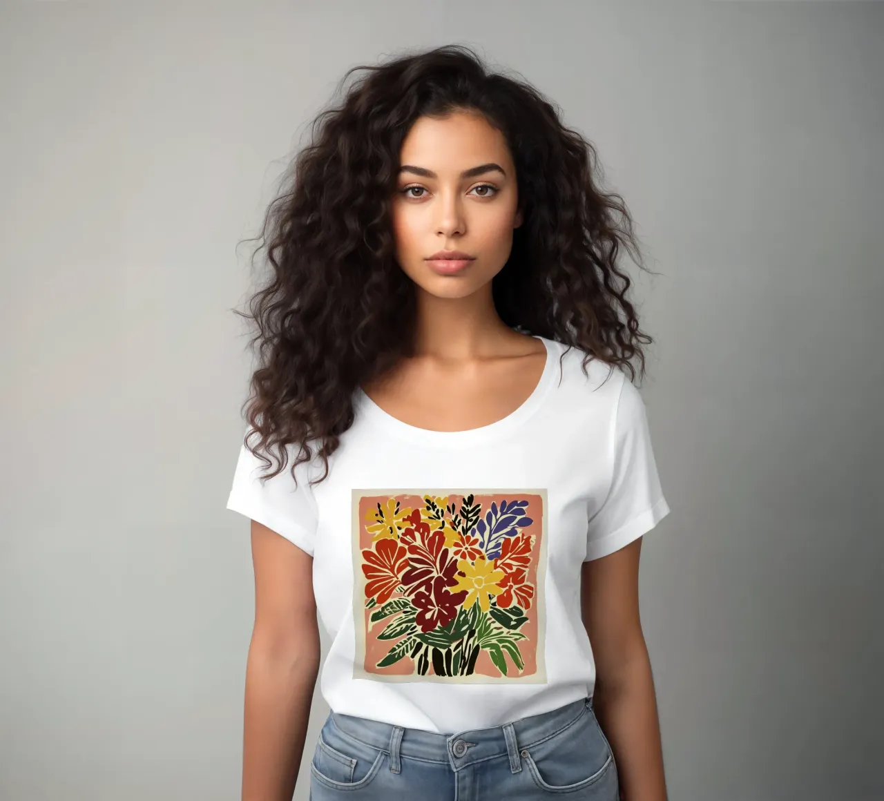 Bold Floral Linocut Bouquet in Retro Midcentury Style women's fitted t-shirt by Modern Muse