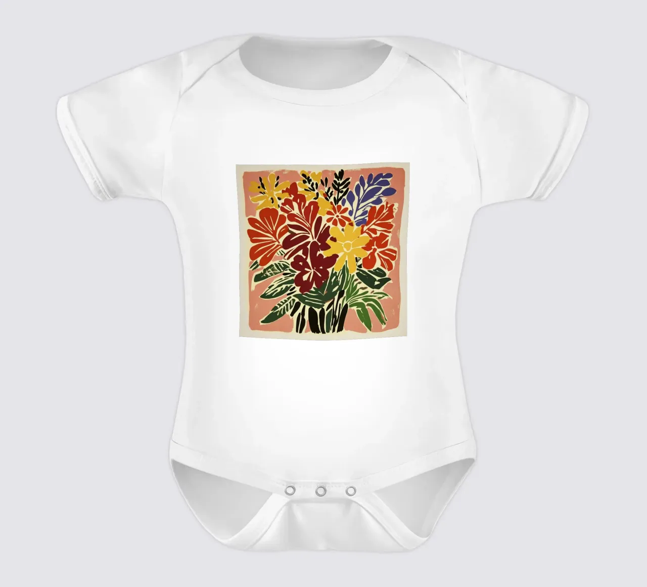 Audace bouquet floreale linocut in stile rétro del Medioevo body neonato maniche corte da Modern Muse