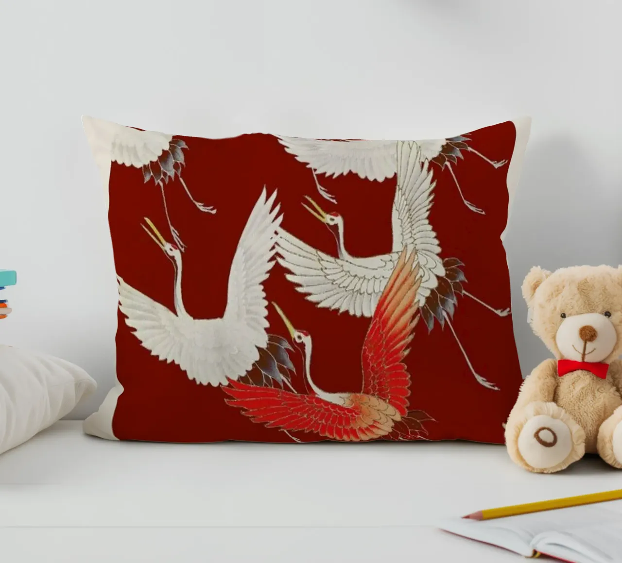 Furisode with a Myriad of Flying Cranes II cuscino da Vintage by JUNIQE