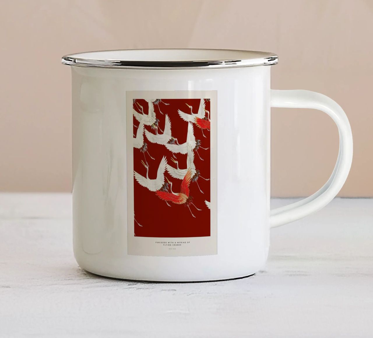 Furisode with a Myriad of Flying Cranes II tazza in smalto da Vintage by JUNIQE