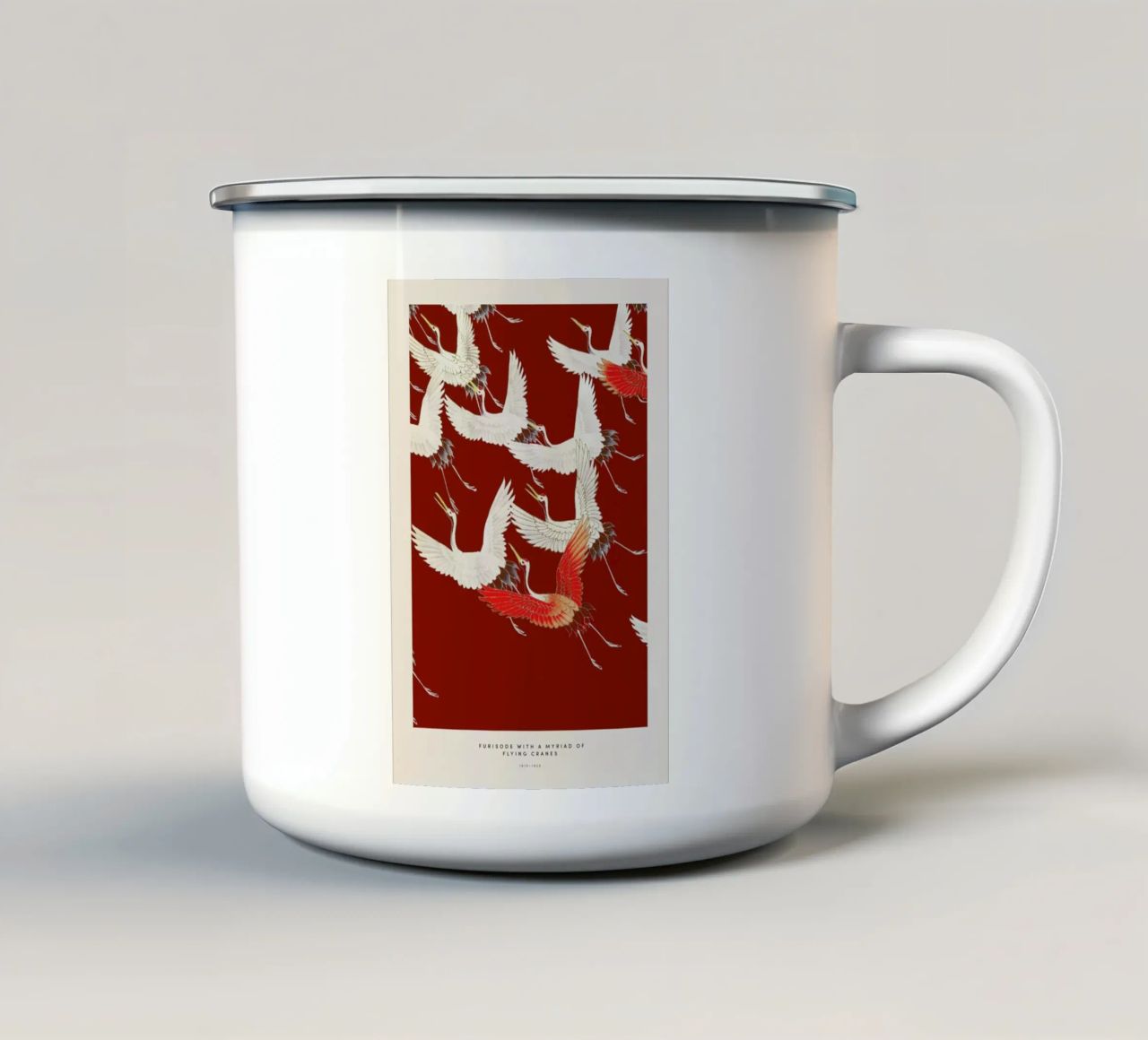 Furisode with a Myriad of Flying Cranes II tazza in smalto da Vintage by JUNIQE