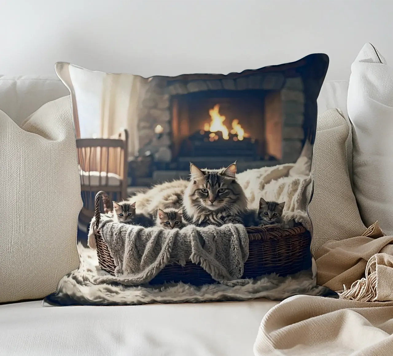 Chatte et trois chatons. Gris cuscino da Thierry vobmann photography