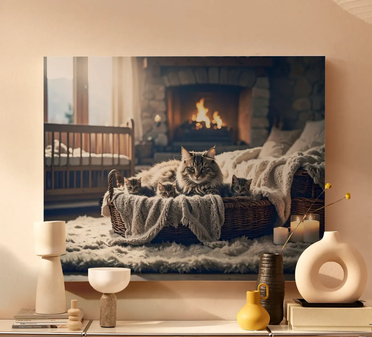 Chatte et trois chatons. Gris tela con Cornice a cassetta da Thierry vobmann photography