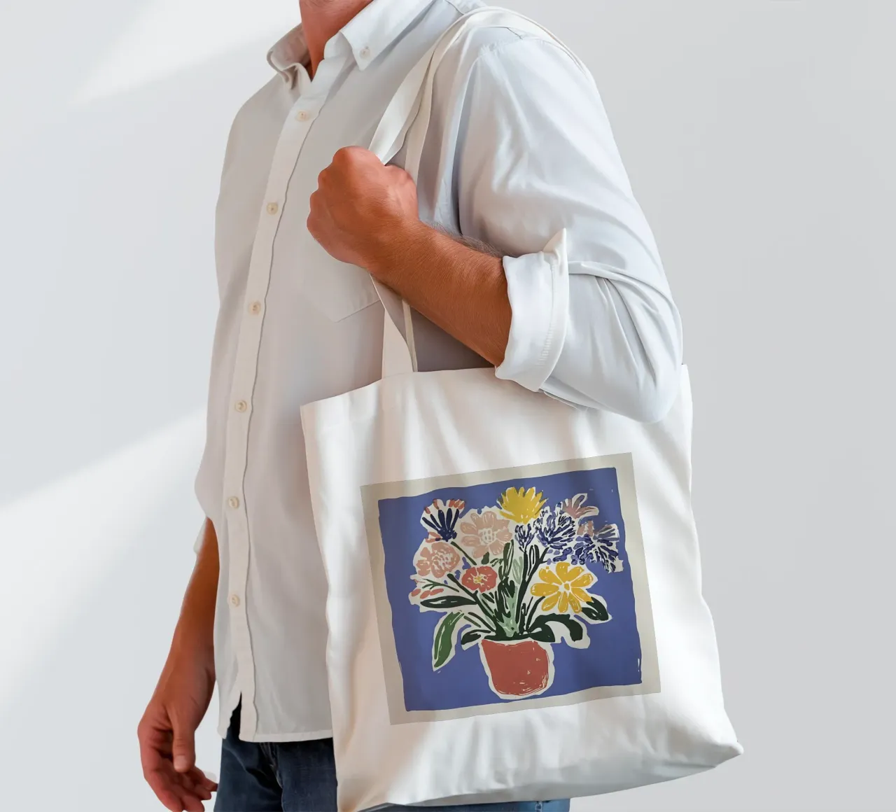 Blue Floral Linocut Bouquet in Retro Midcentury Style tote bag by Modern Muse