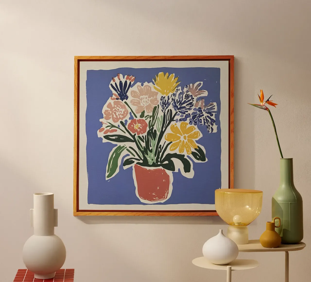Ramo de flores azules en linograbado de estilo retro de mediados de siglo metacrilato de Modern Muse