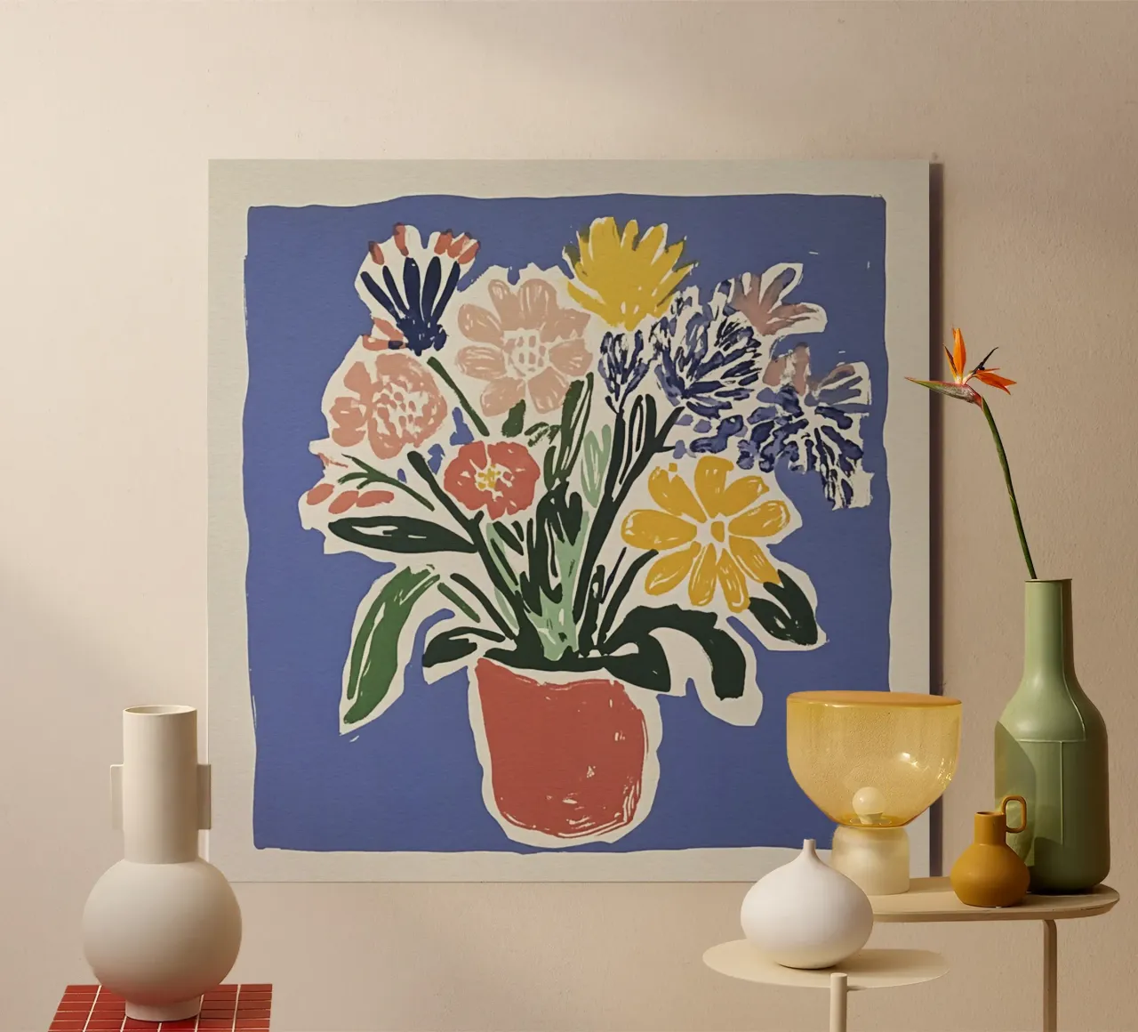 Bouquet floreale blu Linocut in stile retrò del Medioevo alluminio dibond da Modern Muse