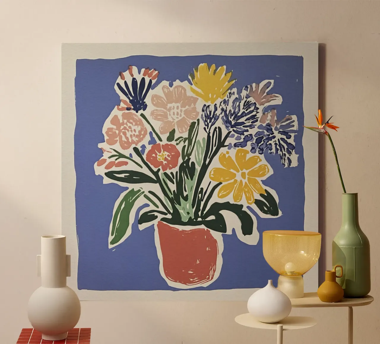 Ramo de flores azules en linograbado de estilo retro de mediados de siglo lienzo de Modern Muse