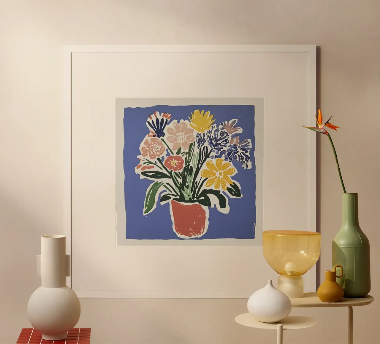 Ramo de flores azules en linograbado de estilo retro de mediados de siglo hahnemühle de Modern Muse