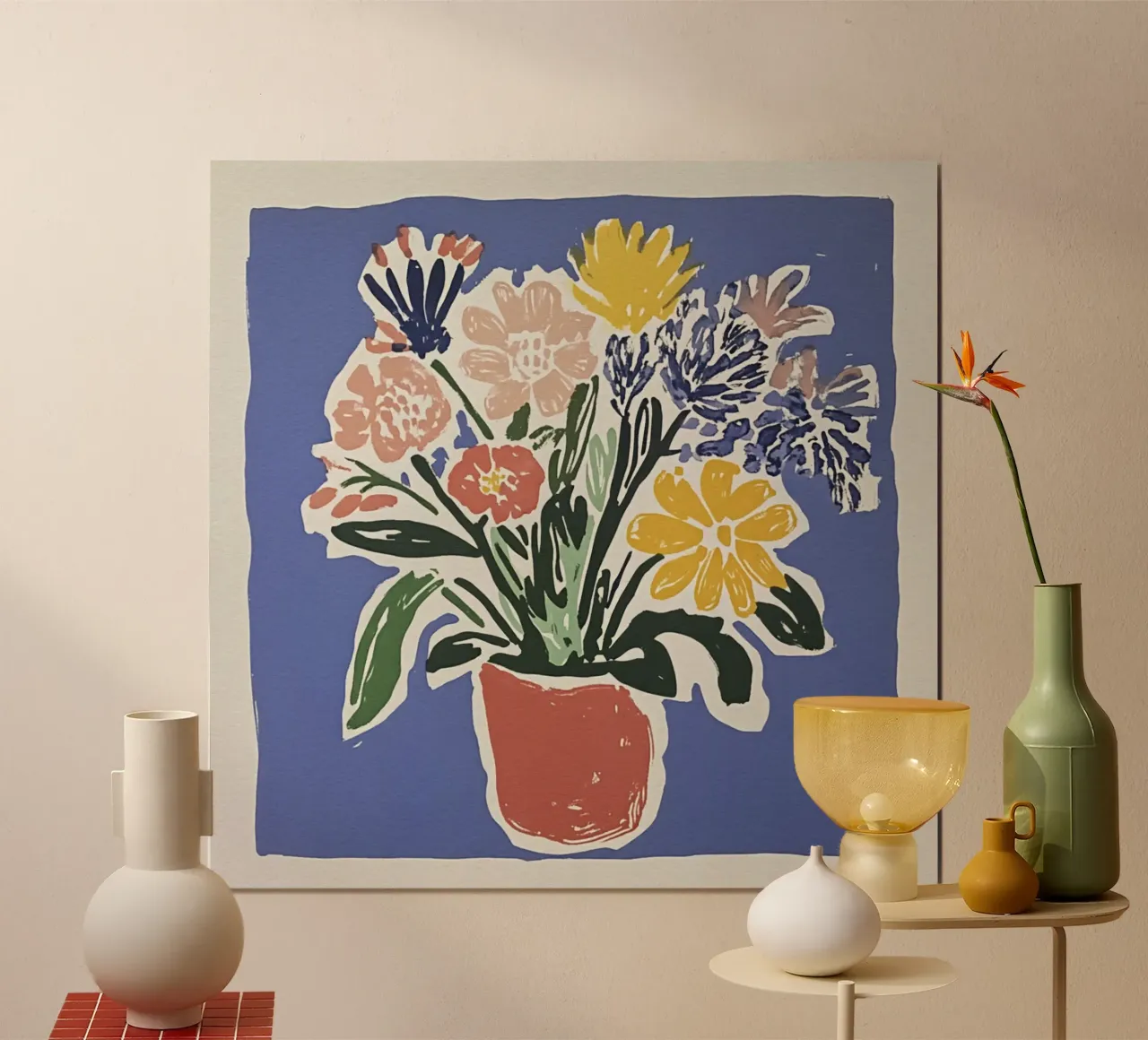 Ramo de flores azules en linograbado de estilo retro de mediados de siglo hahnemühle de Modern Muse