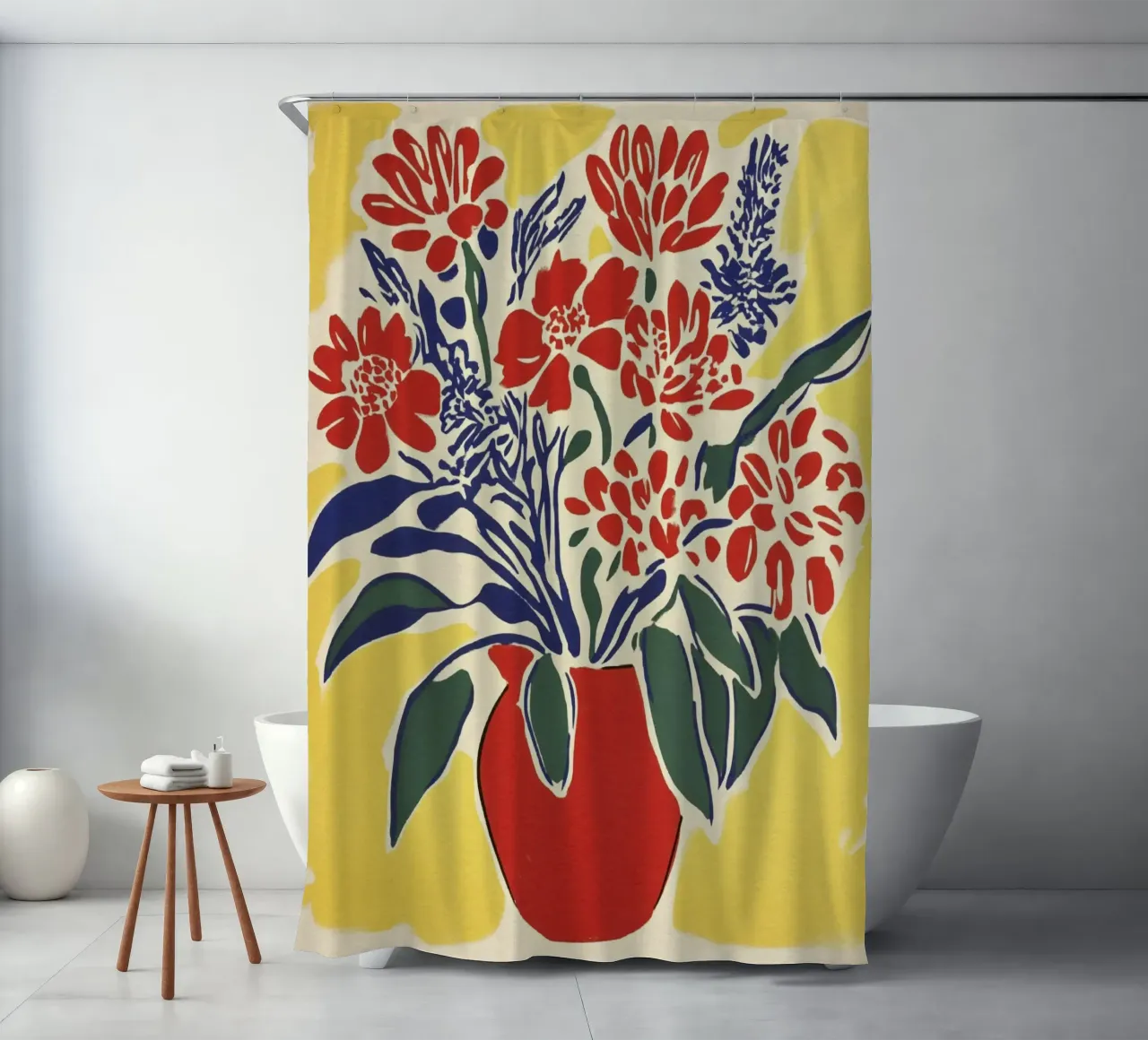 Bouquet floreale giallo linocut in stile retrò del Medioevo tenda da doccia da Modern Muse