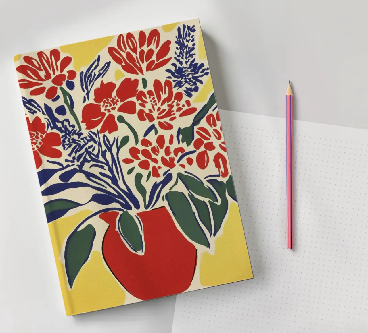 Bouquet floral jaune en linogravure dans le style rétro du milieu du siècle dernier carnet de notes de Modern Muse