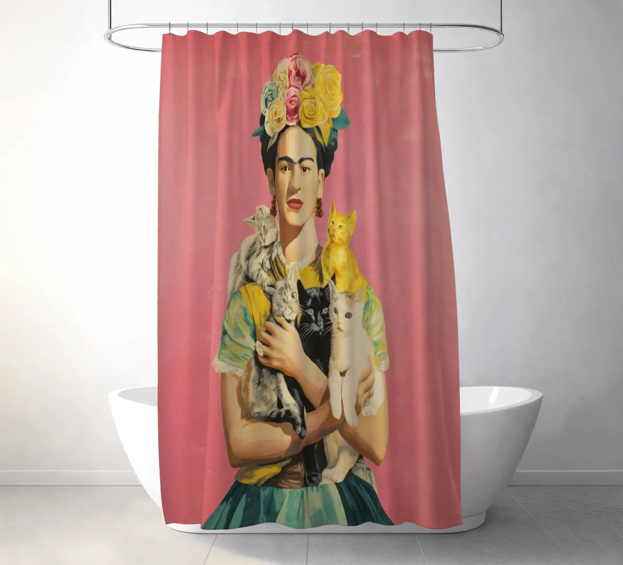 Musa bohémienne con corona floreale in posa con i gattini tenda da doccia da Modern Muse