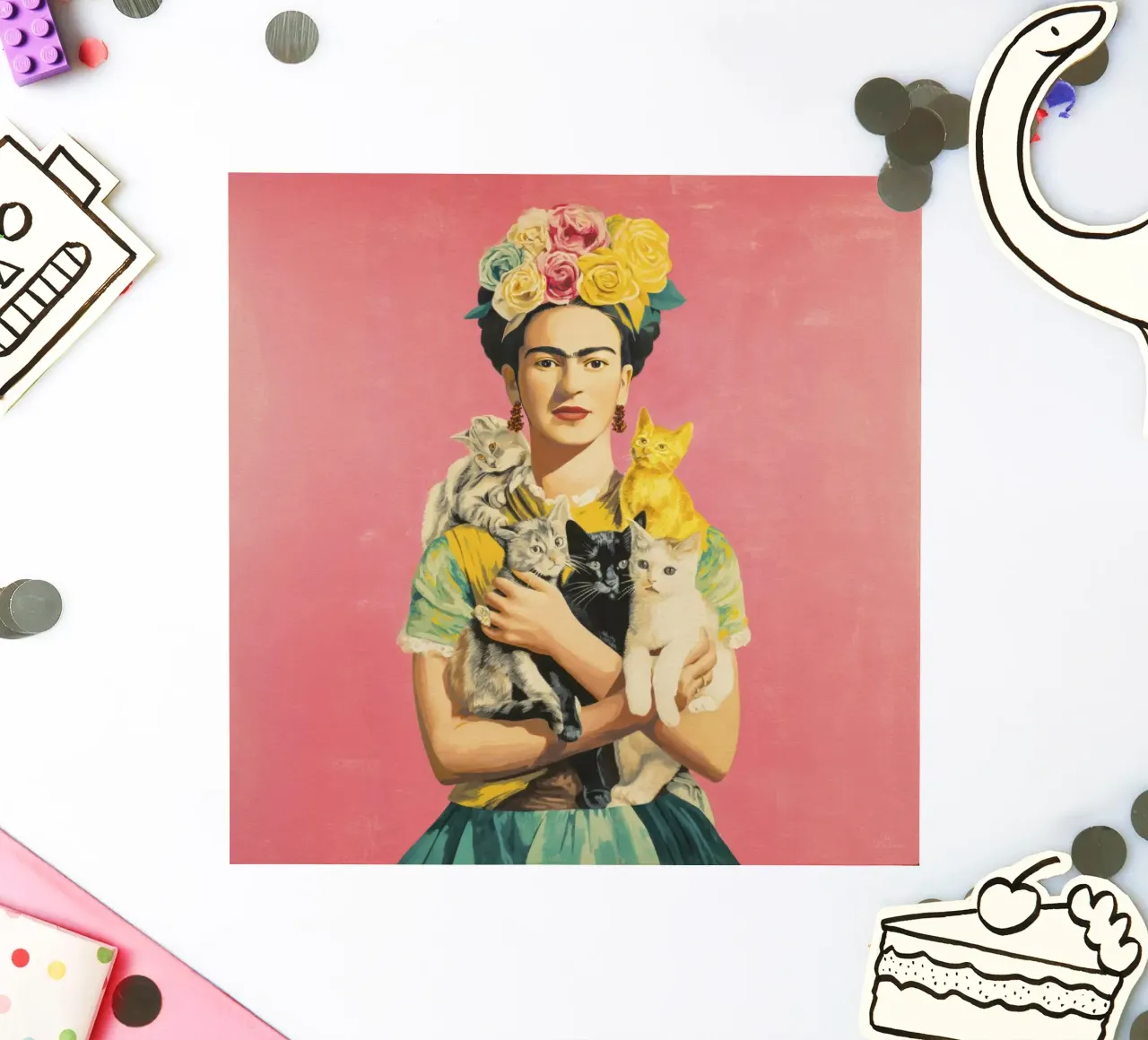 Musa bohémienne con corona floreale in posa con i gattini adesivo da Modern Muse