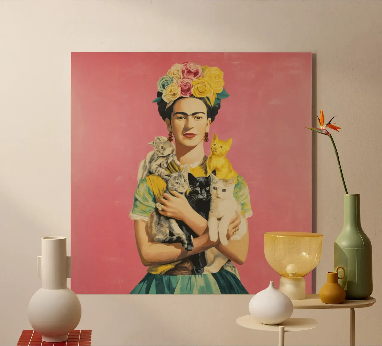 Diva messicana con corona di rose e gattini plexiglass da Modern Muse