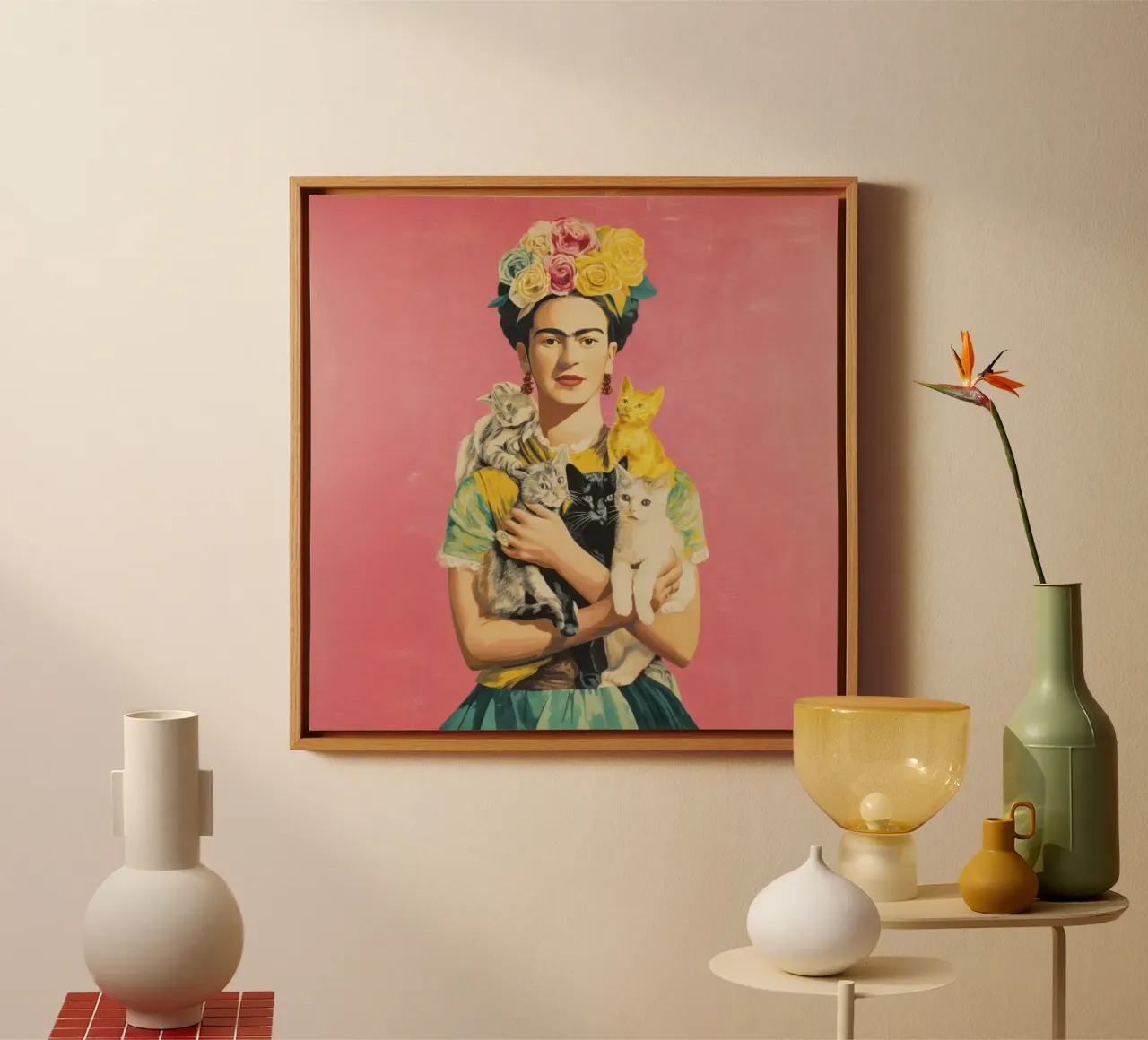 Diva messicana con corona di rose e gattini tela con Cornice a cassetta da Modern Muse