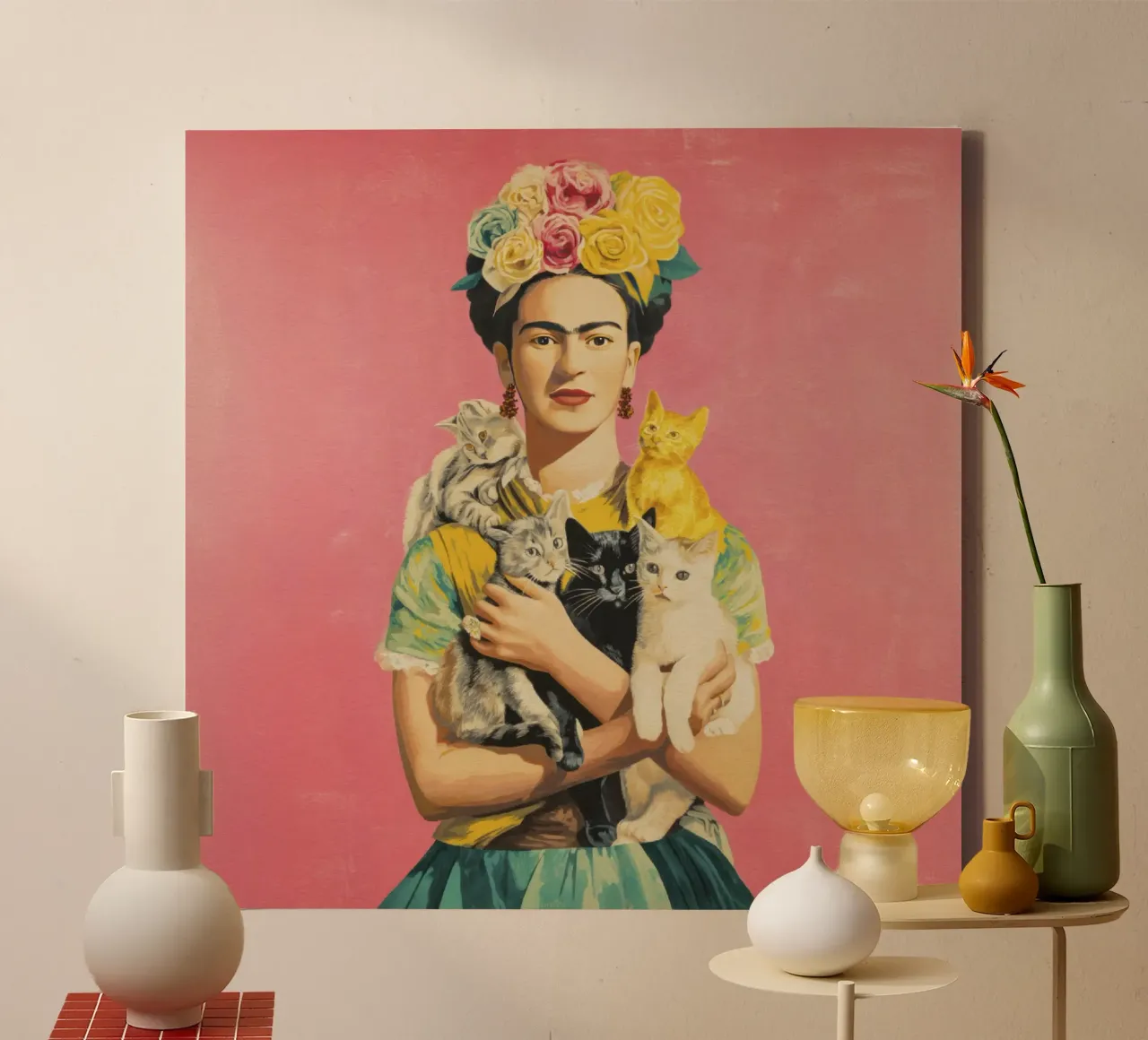 Diva messicana con corona di rose e gattini tela con Cornice a cassetta da Modern Muse