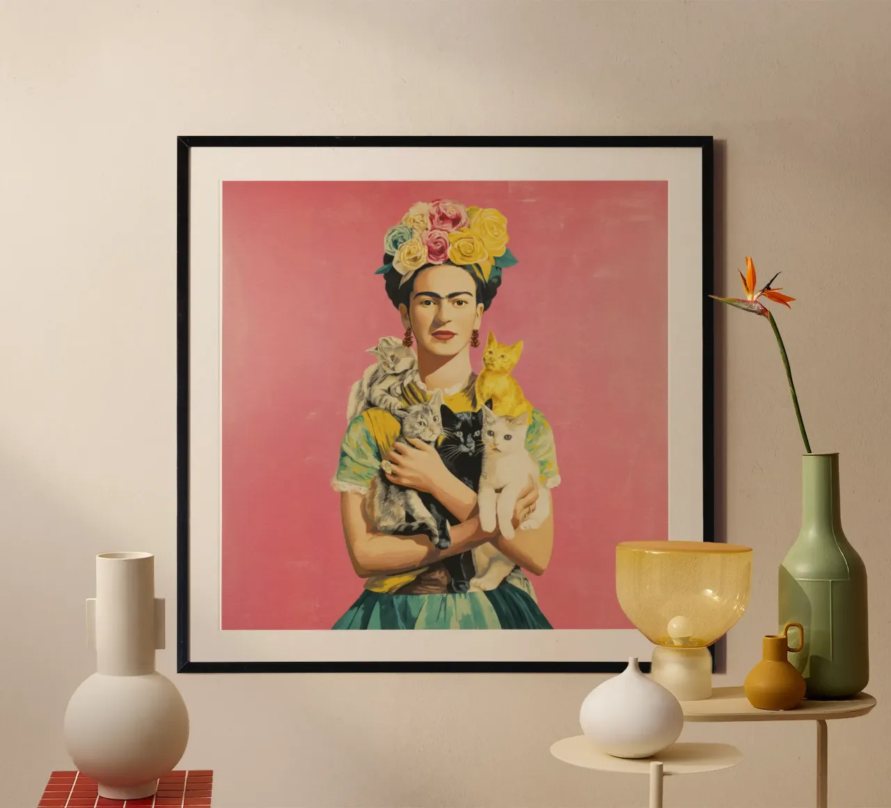 Diva messicana con corona di rose e gattini carta hahnemühle da Modern Muse