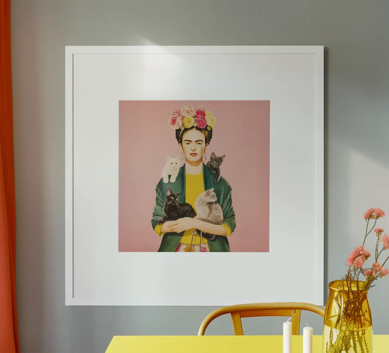 Diva messicana con corona di rose e gattini 1 poster con telaio in legno da Modern Muse