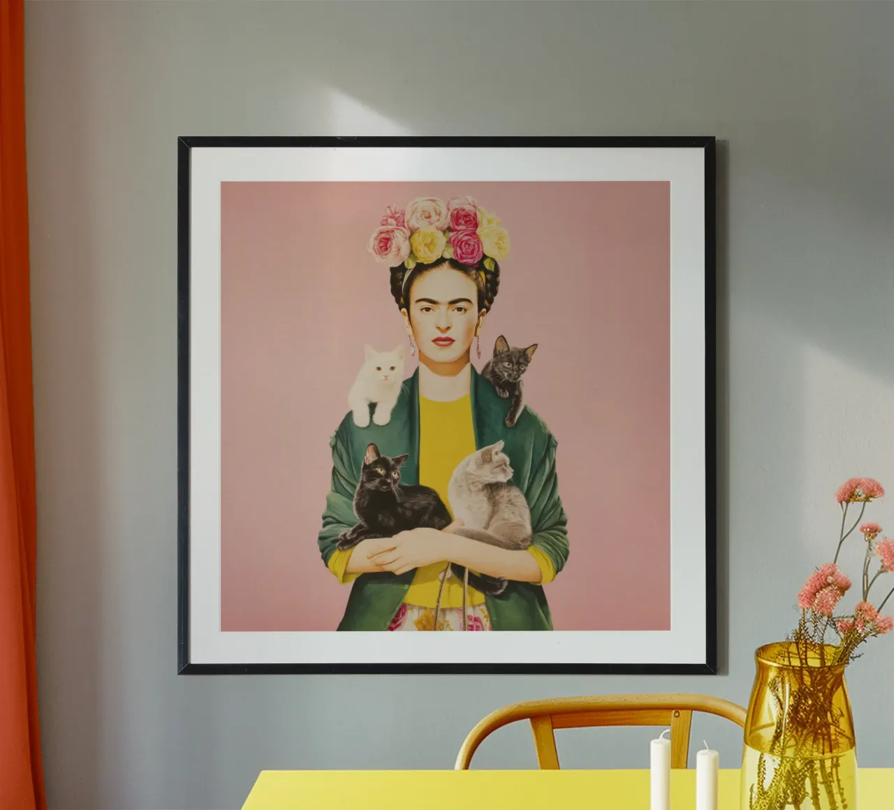 Diva messicana con corona di rose e gattini 1 poster con telaio in legno da Modern Muse