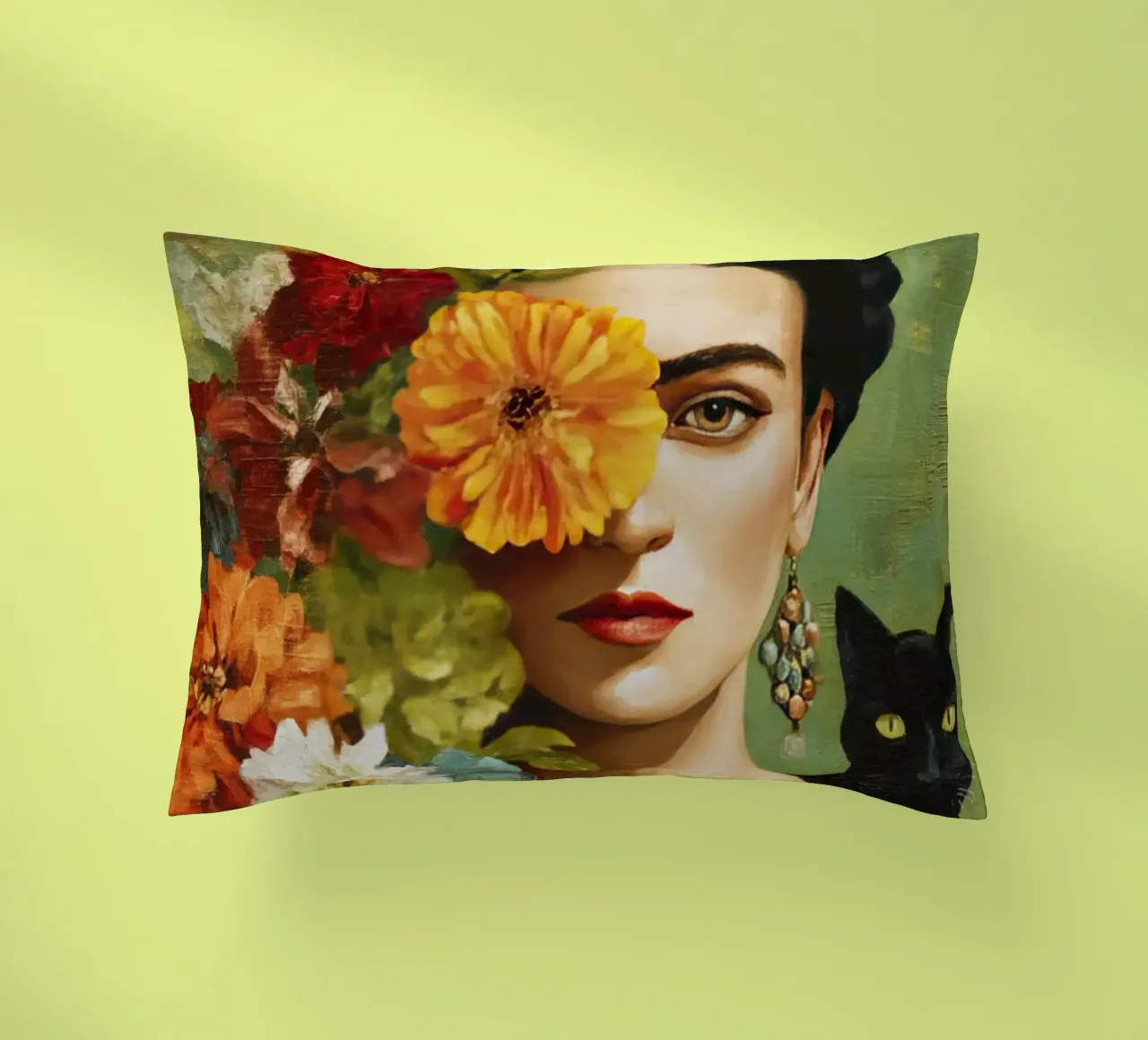 Rose Crowned Mexican Diva with a Cat decorative cushion by Modern Muse