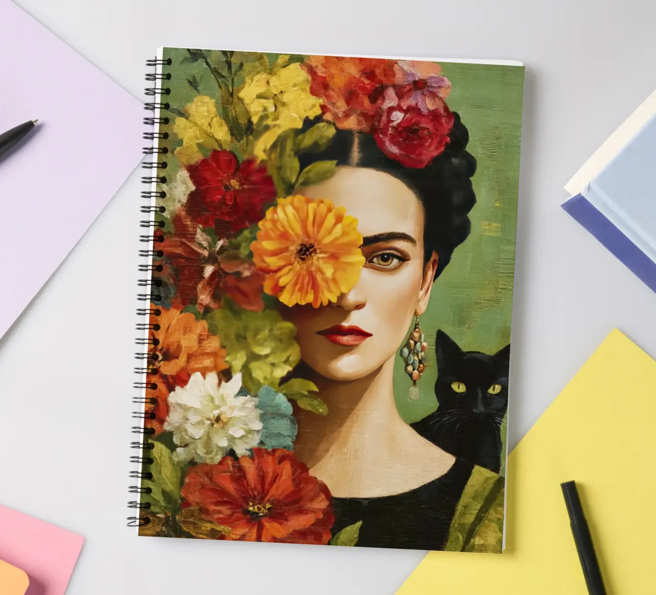 Rose Crowned Mexican Diva with a Cat spiral notebook by Modern Muse