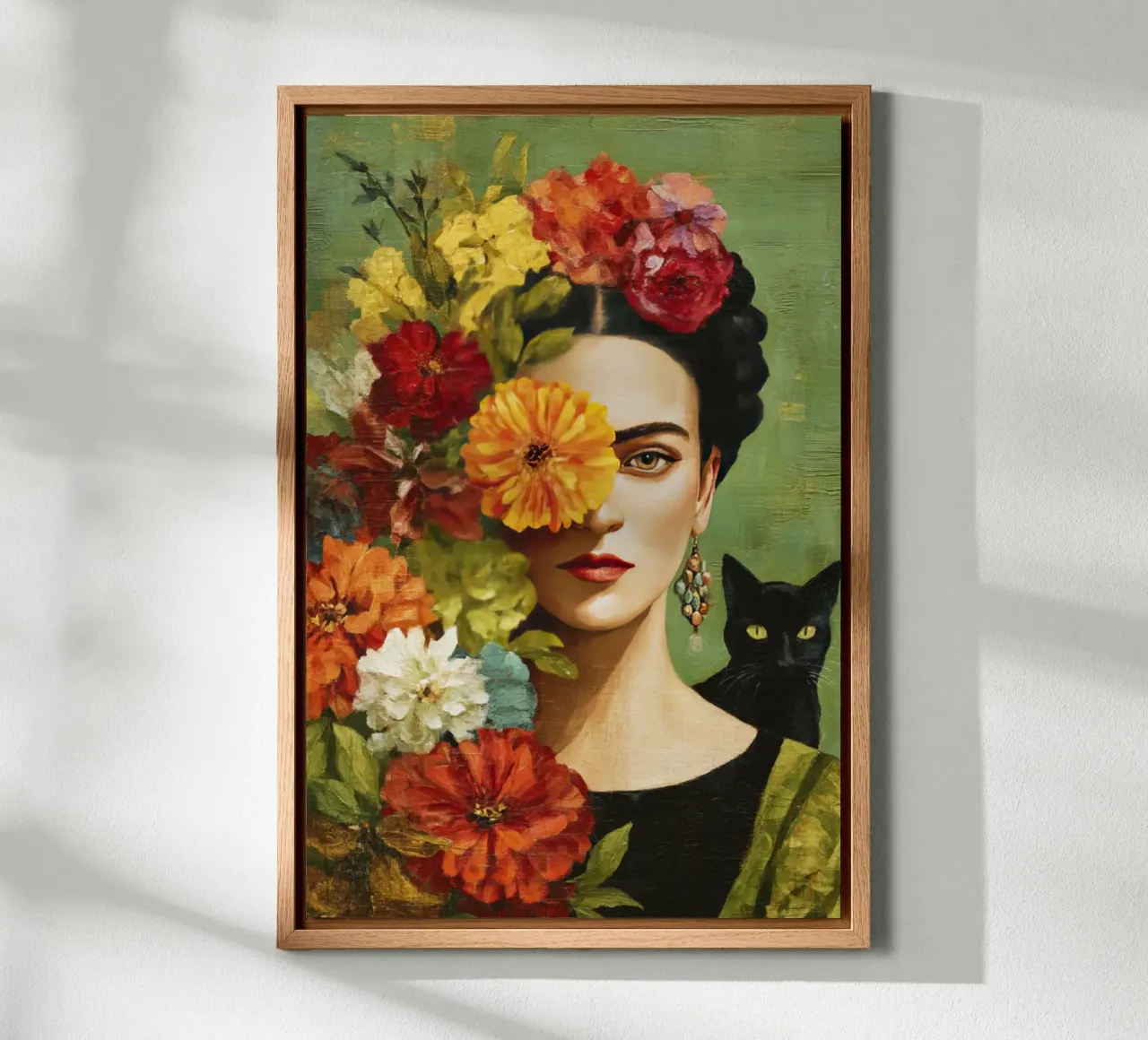Musa bohémien con corona floreale che tiene in braccio un gatto alluminio dibond da Modern Muse