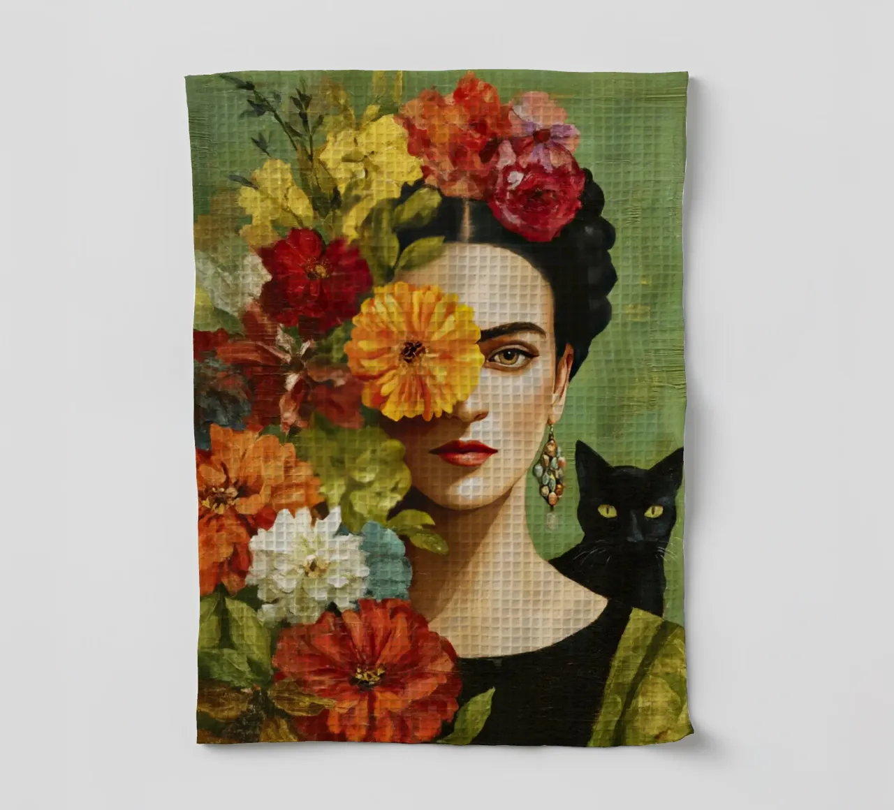 Musa bohémien con corona floreale che tiene in braccio un gatto canovaccio da cucina da Modern Muse