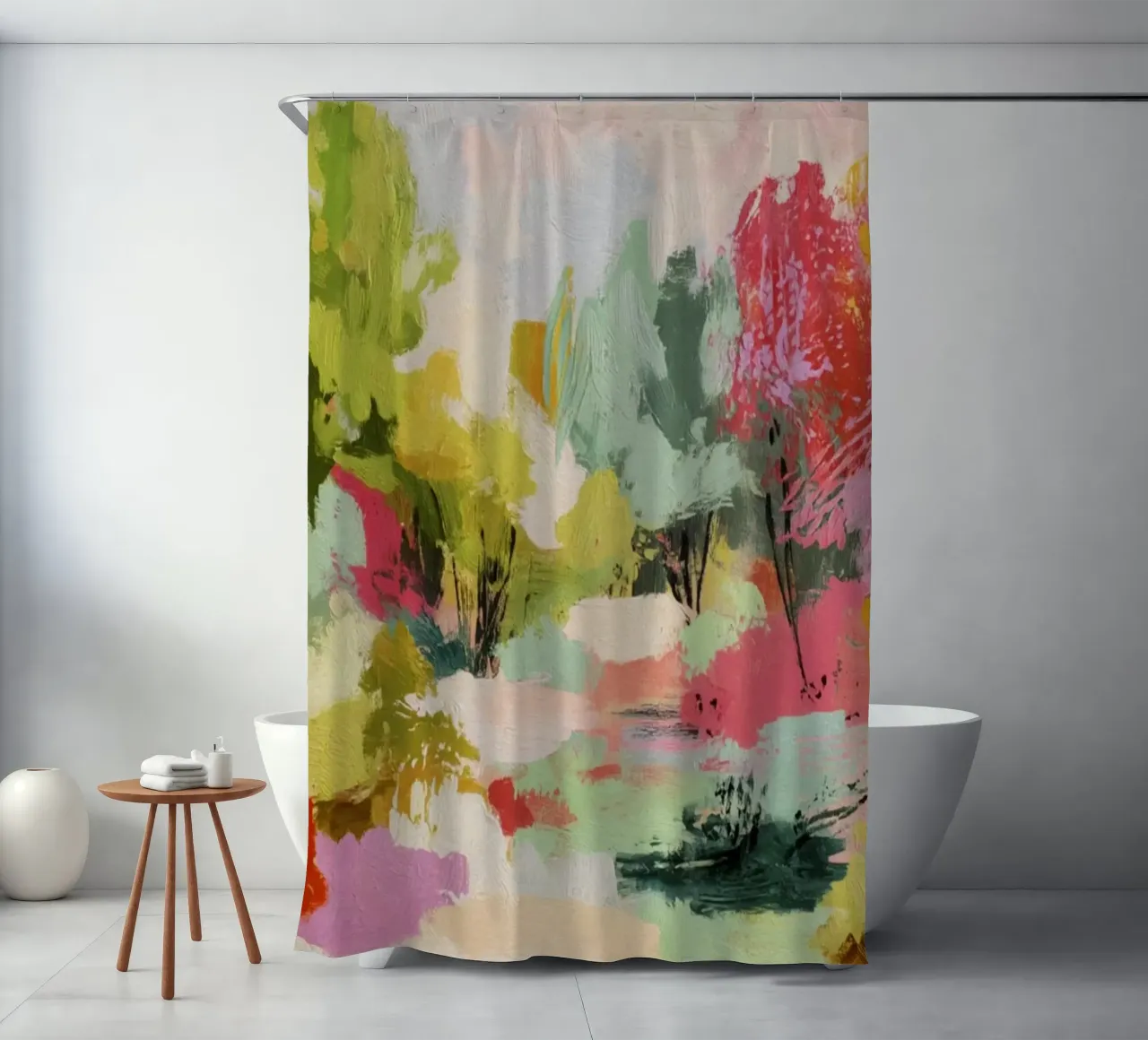 Scena dinamica e colorata di alberi del bosco tenda da doccia da Modern Muse