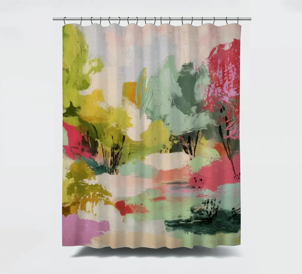 Scena dinamica e colorata di alberi del bosco tenda da doccia da Modern Muse